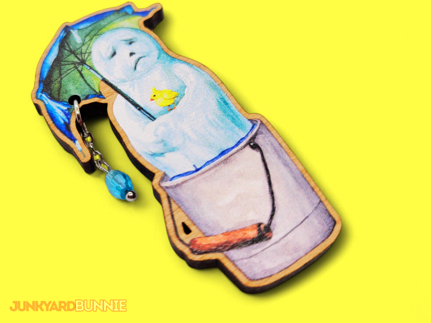 'Goodbye Winter' Melting Snowman Wooden Brooch