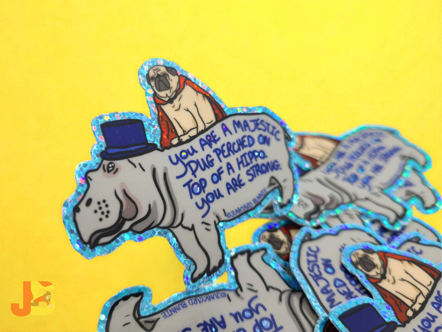 Majestic Pug Riding Hippo Glitter Vinyl Sticker