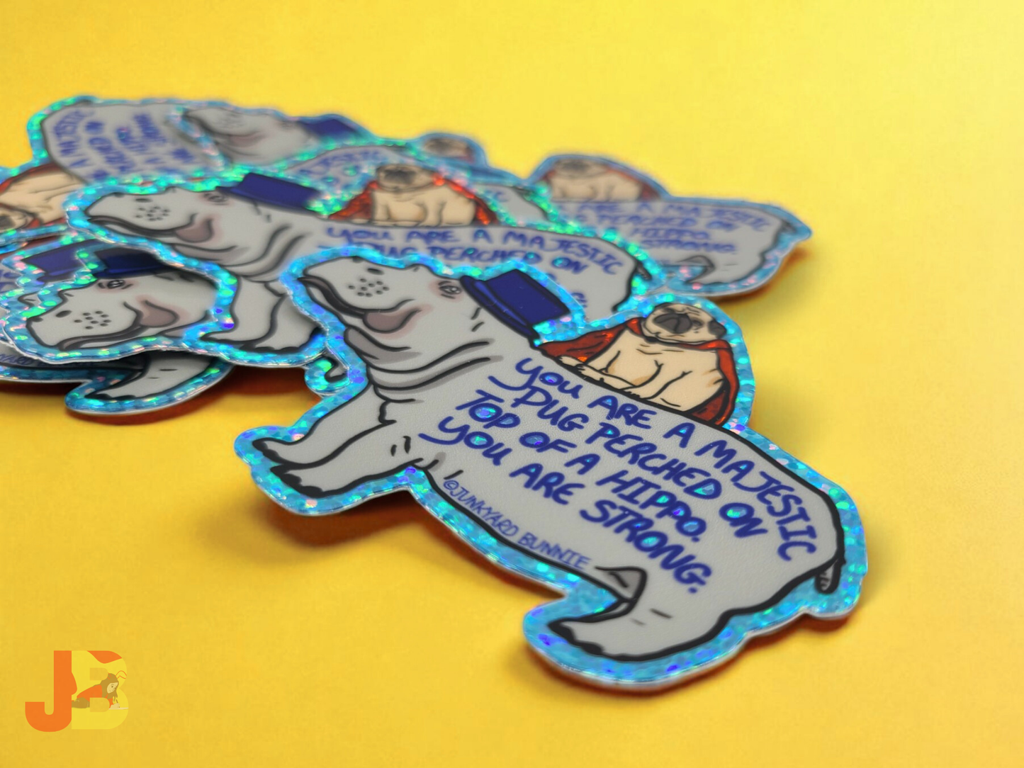 Majestic Pug Riding Hippo Glitter Vinyl Sticker