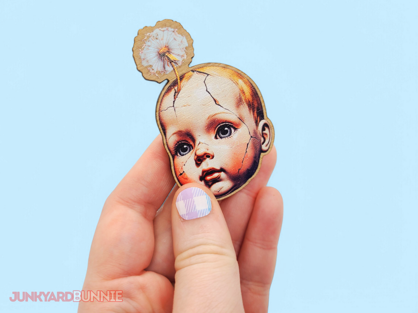 Broken Baby Doll Dandelion Wooden Brooch
