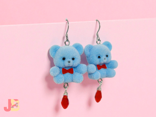 Blue Flocked Bear Earrings