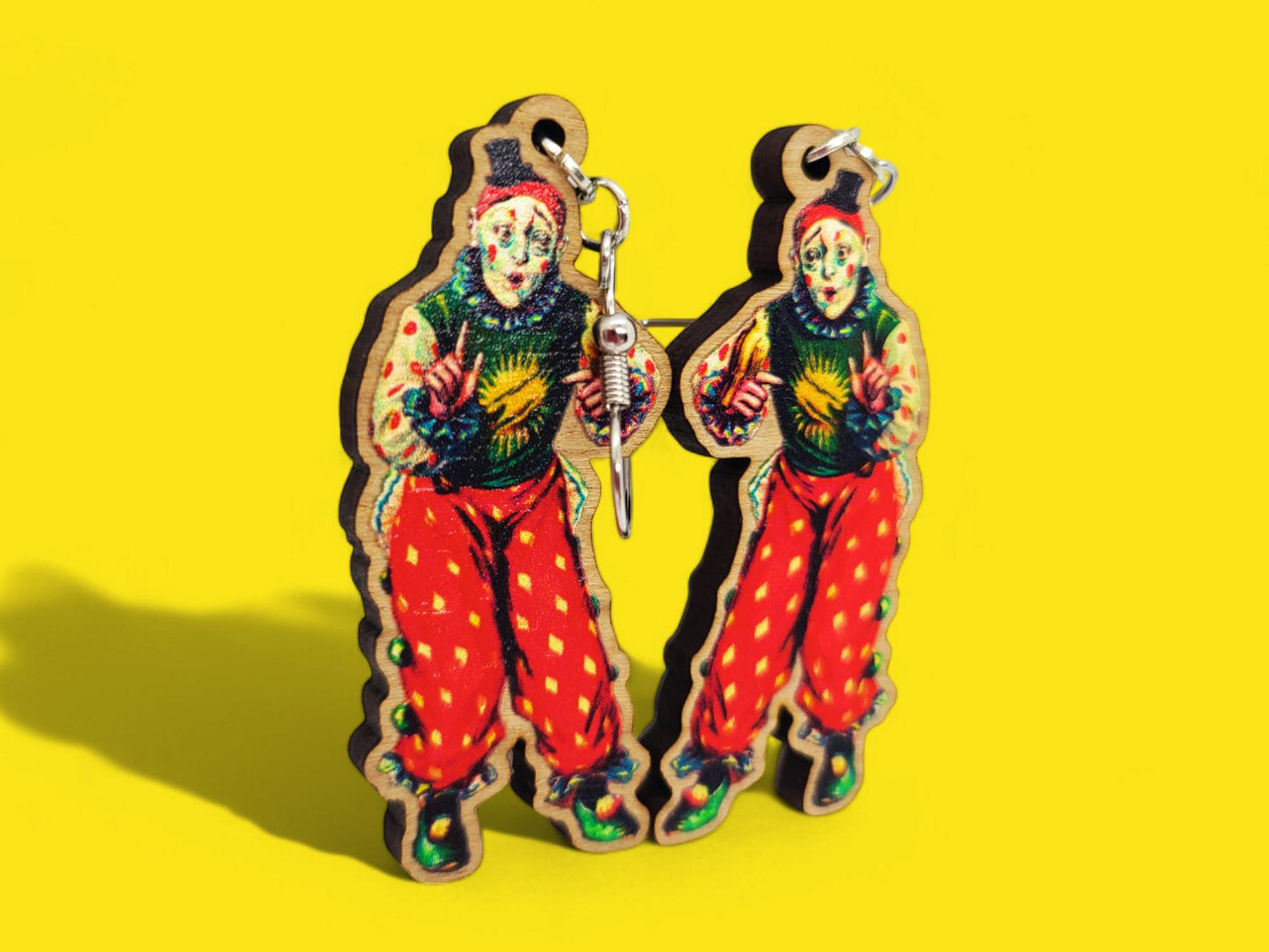 Vintage Carnival Clown Wooden Dangle Earrings