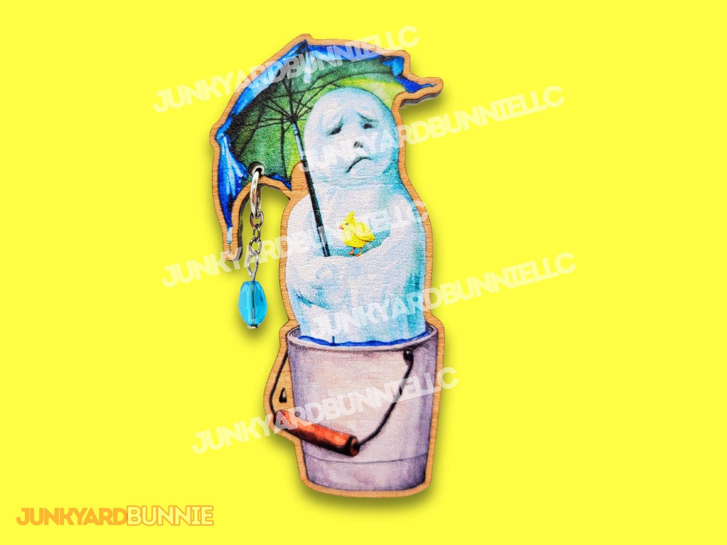 'Goodbye Winter' Melting Snowman Wooden Brooch
