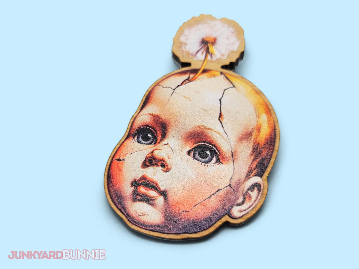 Broken Baby Doll Dandelion Wooden Brooch