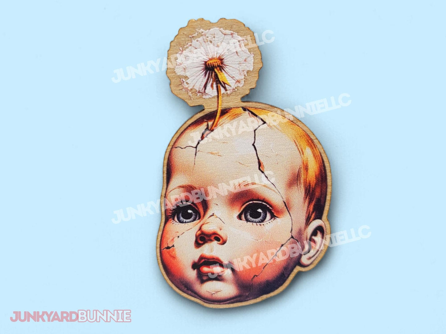 Broken Baby Doll Dandelion Wooden Brooch