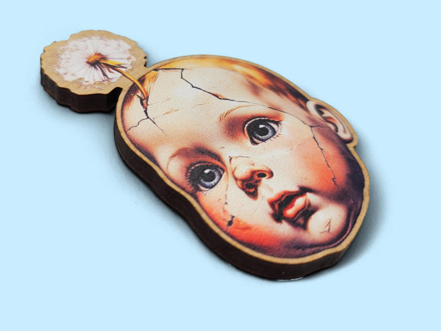 Broken Baby Doll Dandelion Wooden Brooch