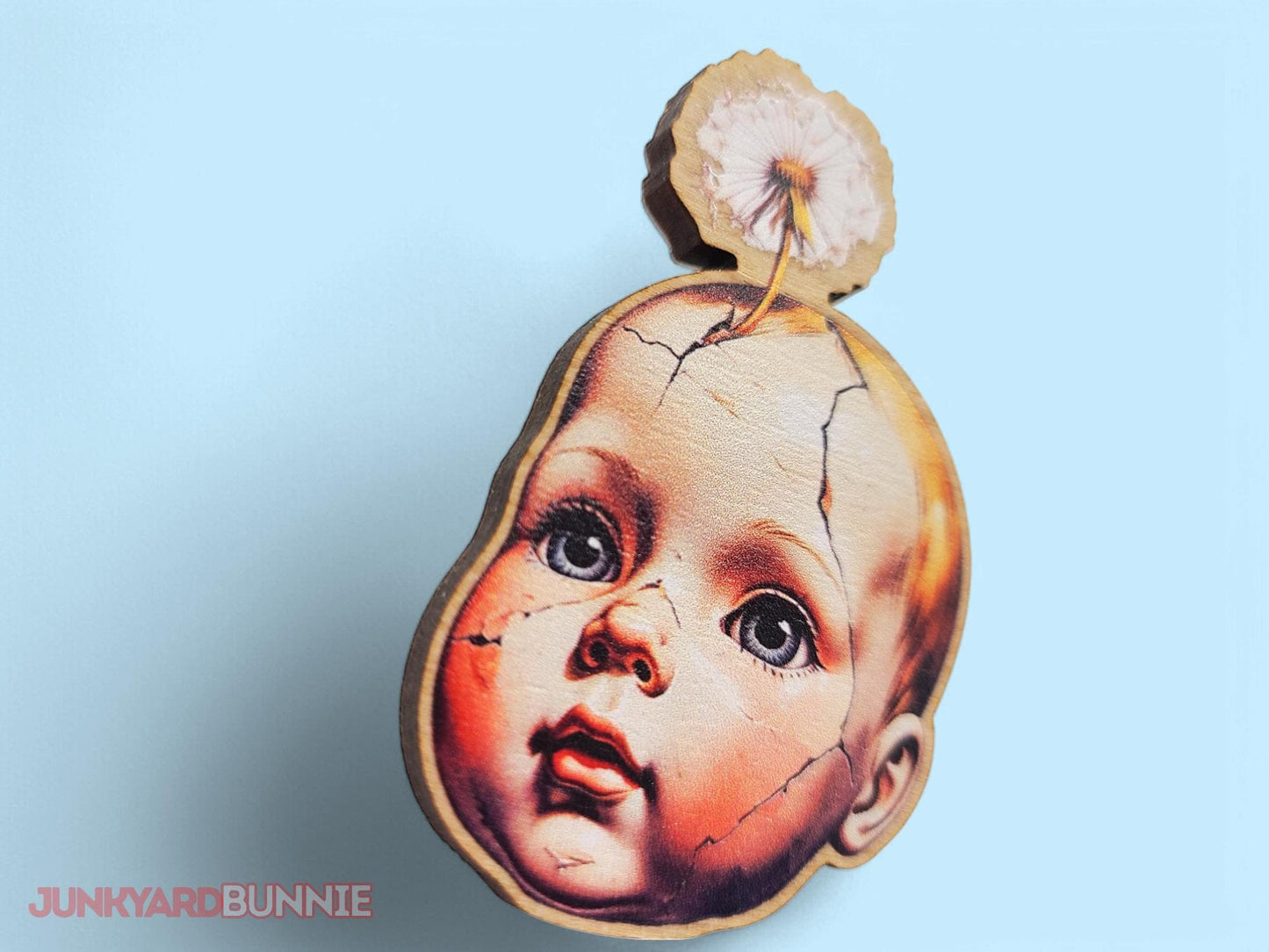 Broken Baby Doll Dandelion Wooden Brooch