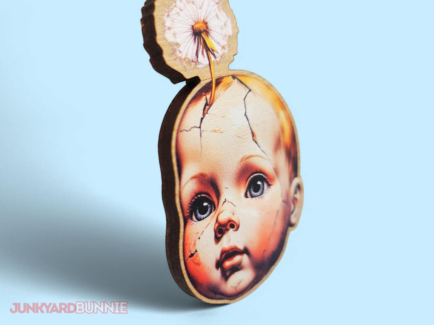 Broken Baby Doll Dandelion Wooden Brooch