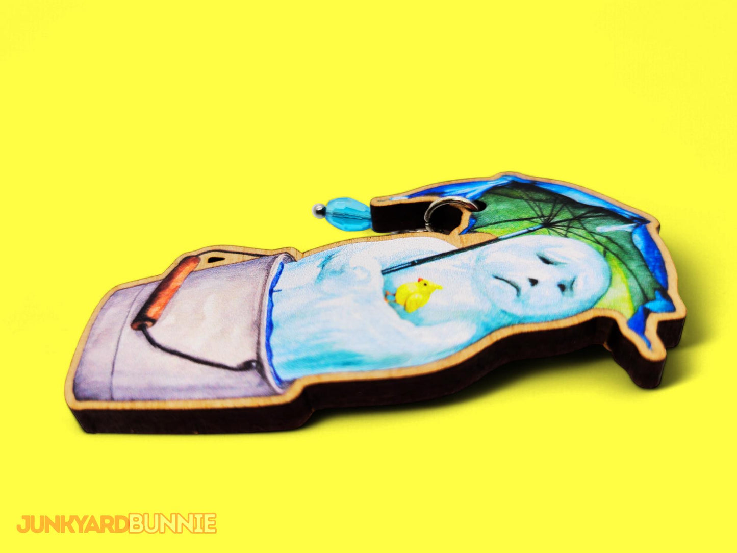 'Goodbye Winter' Melting Snowman Wooden Brooch