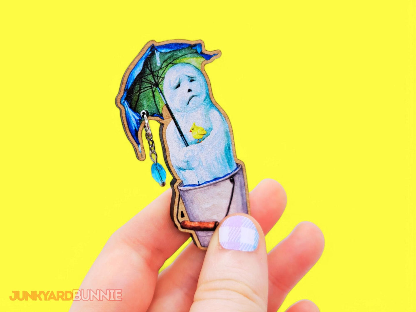 'Goodbye Winter' Melting Snowman Wooden Brooch