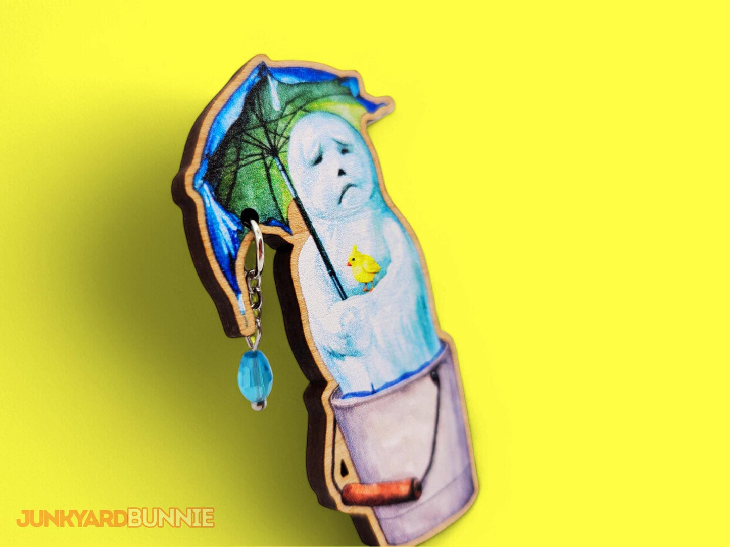 'Goodbye Winter' Melting Snowman Wooden Brooch