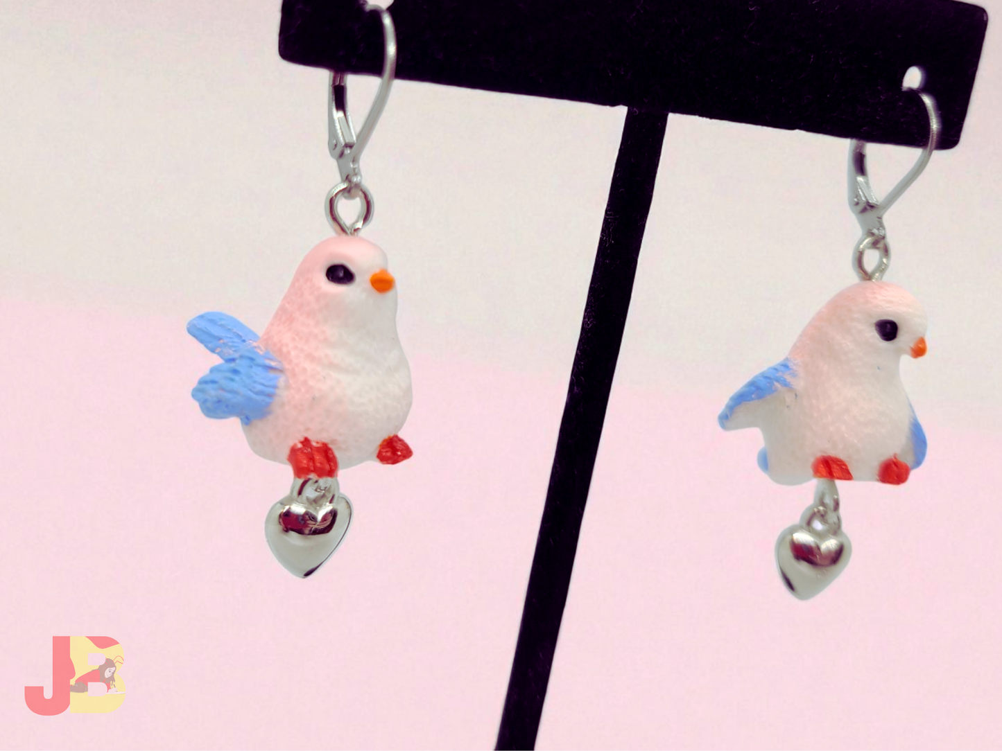 Pink & Blue Finch Heart Charm Earrings