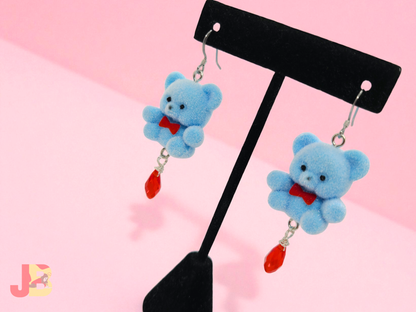 Blue Flocked Bear Earrings