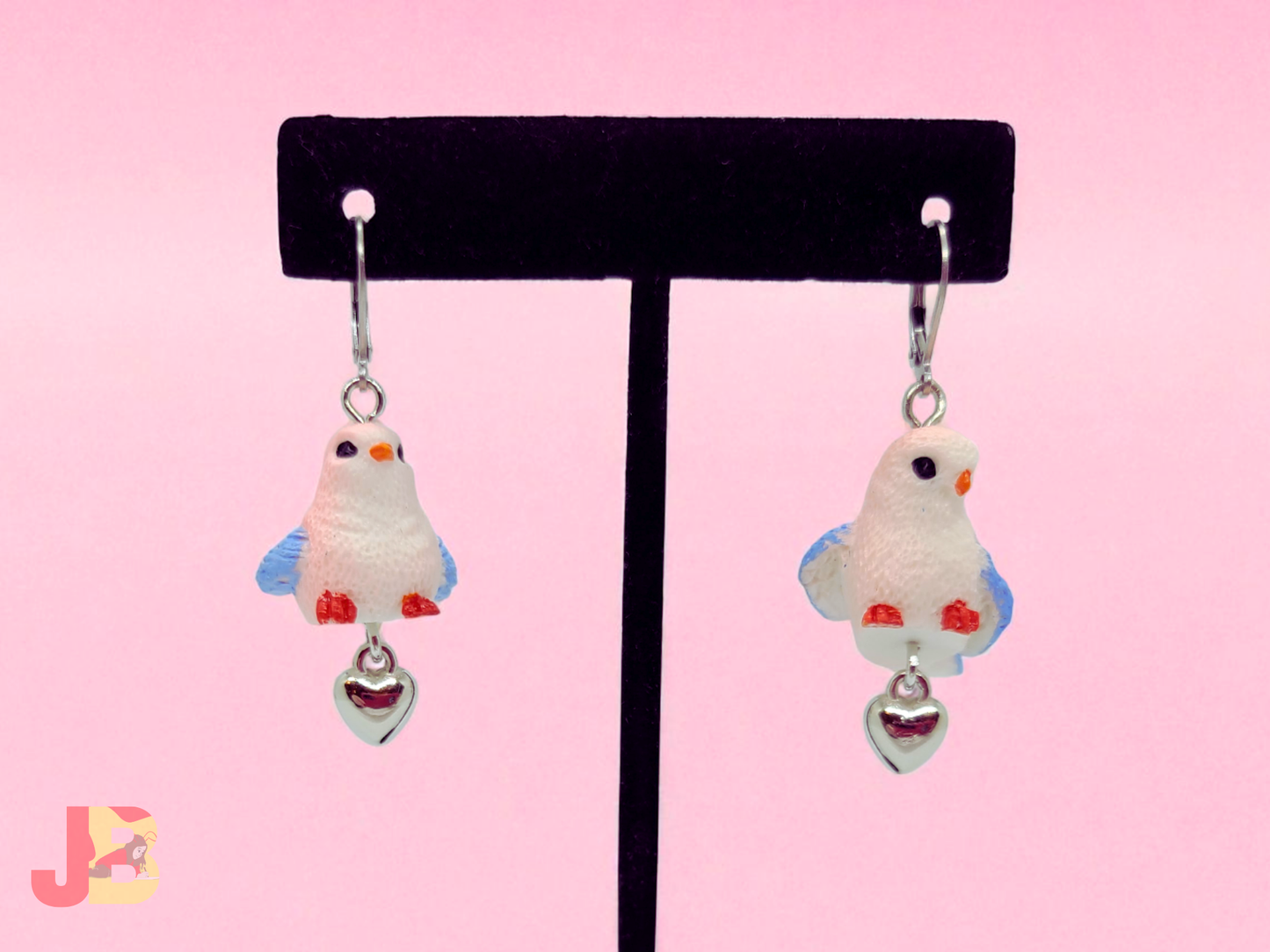 Pink & Blue Finch Heart Charm Earrings