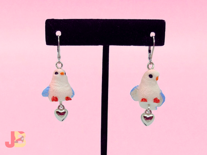 Pink & Blue Finch Heart Charm Earrings