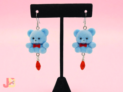 Blue Flocked Bear Earrings