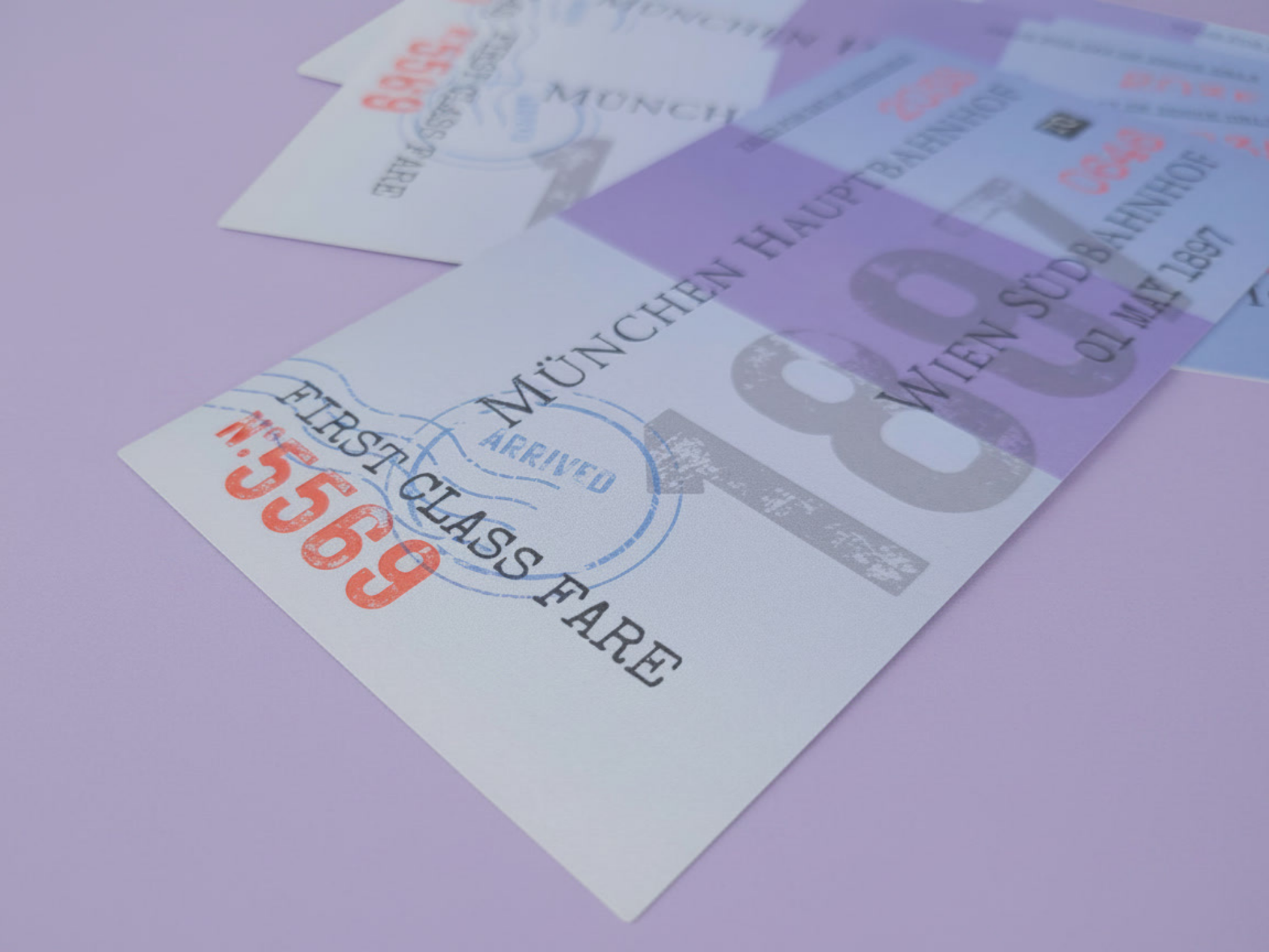 A close-up shot of a thick, double-sided Jonathan Harker train ticket bookmark from Dracula, showing realistic 19th-century vintage typography printed on ultra-heavy cardstock.