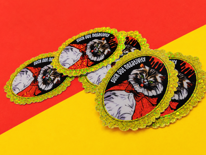 High-quality 3-inch die-cut glitter vinyl stickers featuring a grumpy Pallas cat with vampire fangs and a cape. The words inside the frame say, "Suck out negativity."
