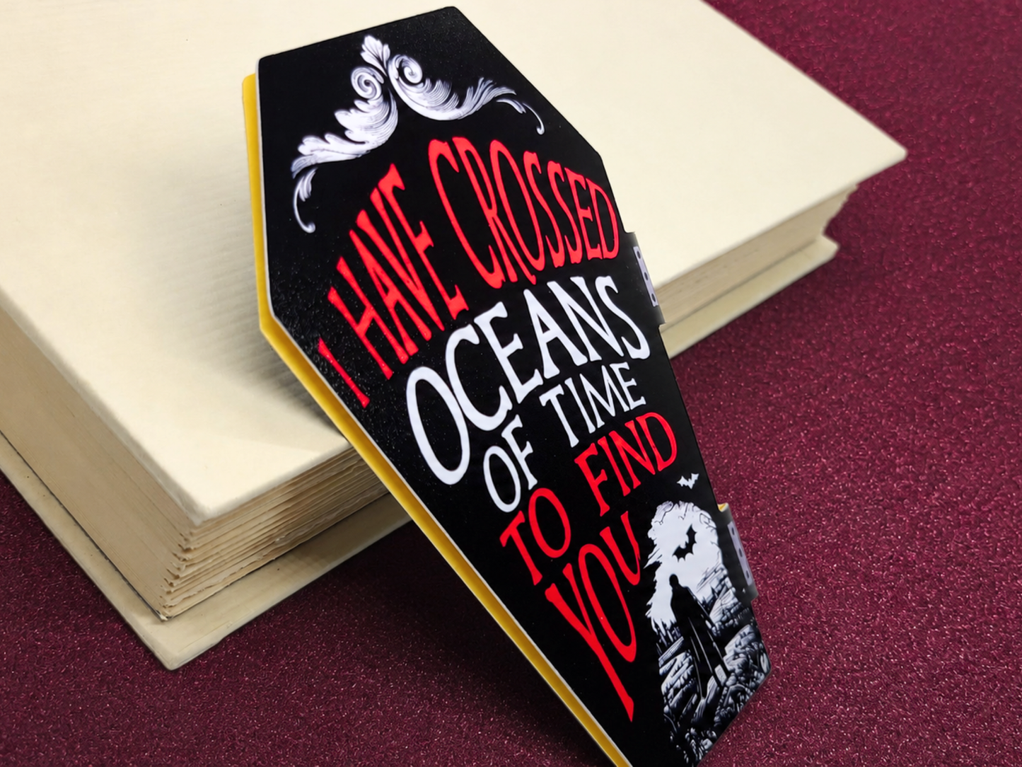 Handmade coffin-shaped magnetic bookmark featuring an original Dracula illustration.