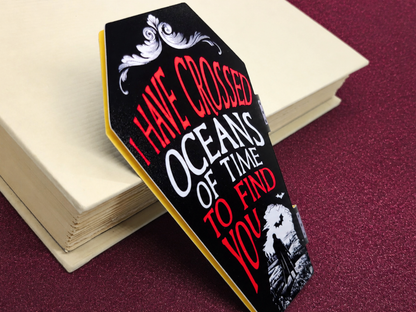 Handmade coffin-shaped magnetic bookmark featuring an original Dracula illustration.