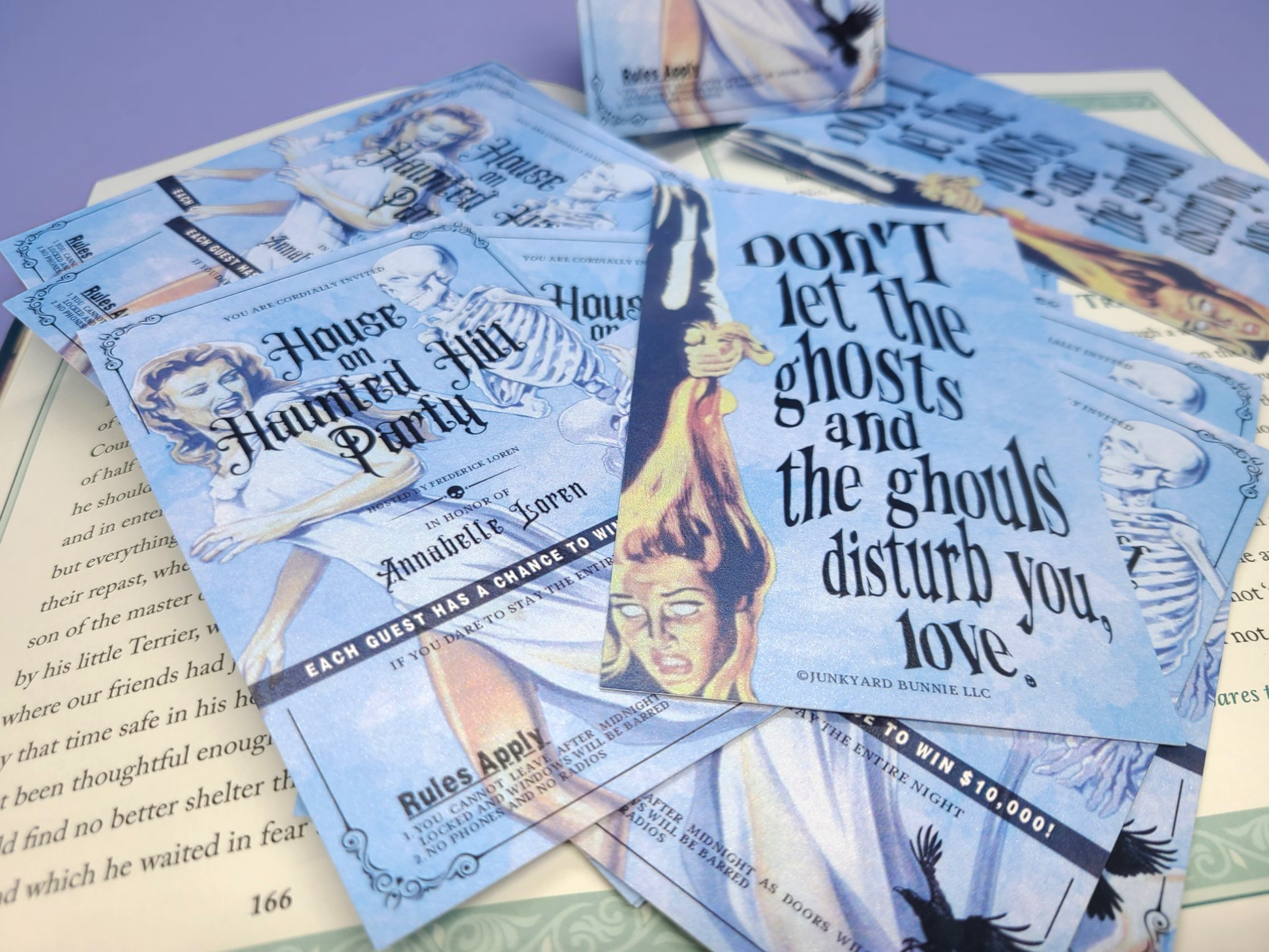 High-quality, double-sided 3x5 inch House on Haunted Hill Invitation Bookmarks. Printed on premium, heavy-weight shimmer cardstock. The back reads, "Don't let the ghosts and ghouls disturb you, love."