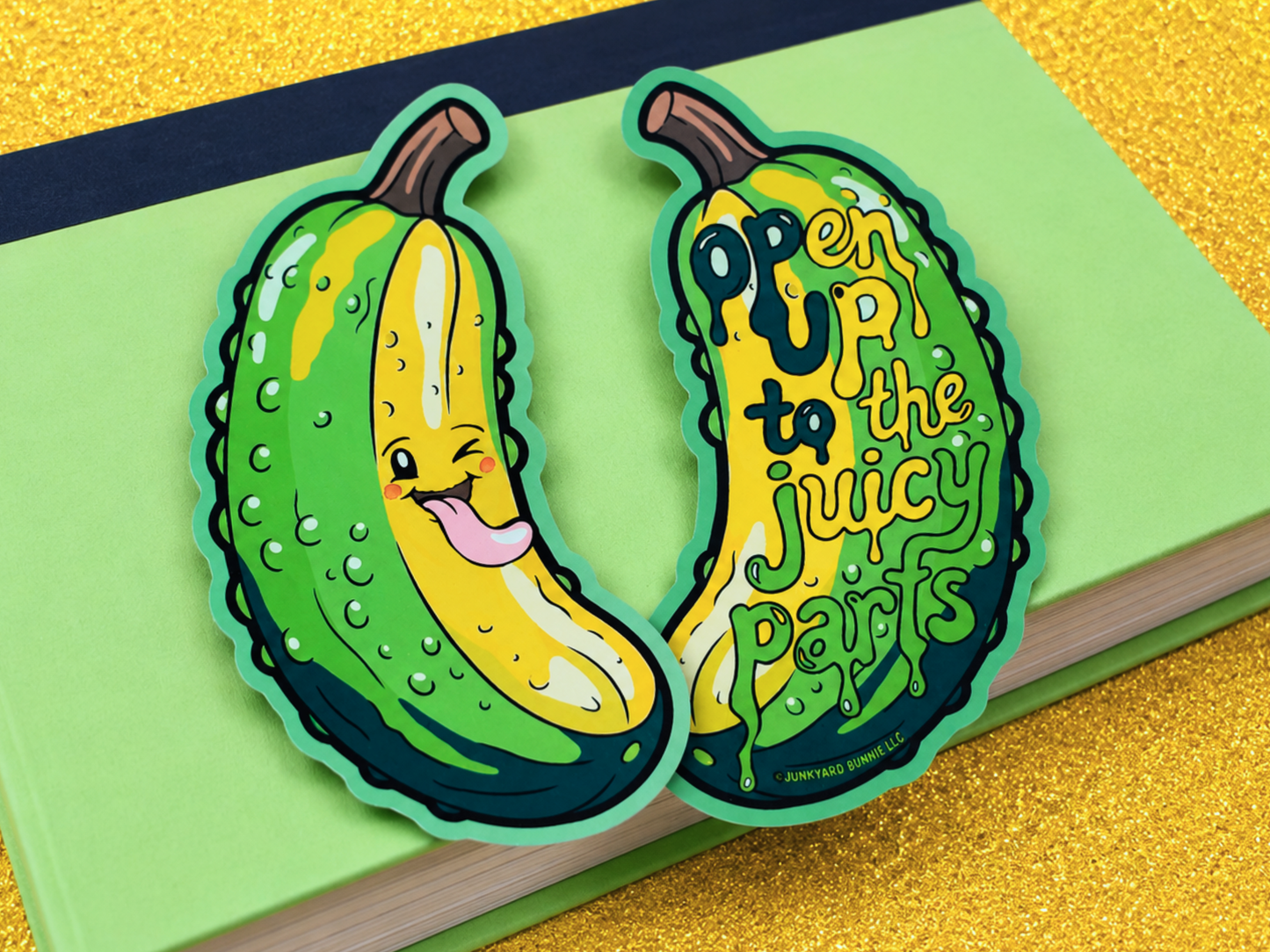 Large, 7-inch die-cut pickle bookmark. Double-sided and printed on premium, heavyweight cotton coverstock.