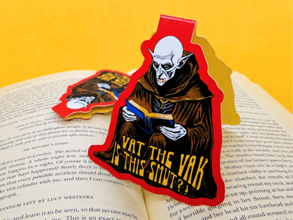 A folded magnetic bookmark featuring original art of the classic horror movie vampire, Nosferatu. The creepy Count Orlok illustration is printed on high-quality, durable coverstock.