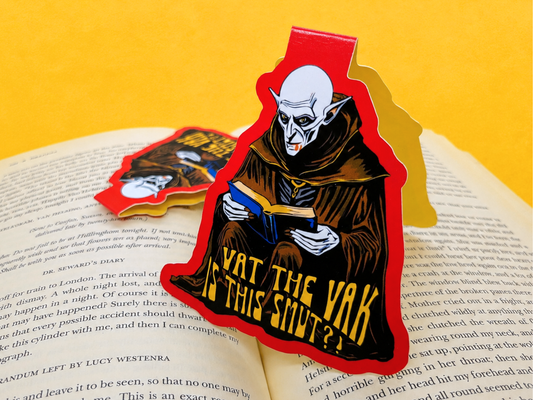 A folded magnetic bookmark featuring original art of the classic horror movie vampire, Nosferatu. The creepy Count Orlok illustration is printed on high-quality, durable coverstock.