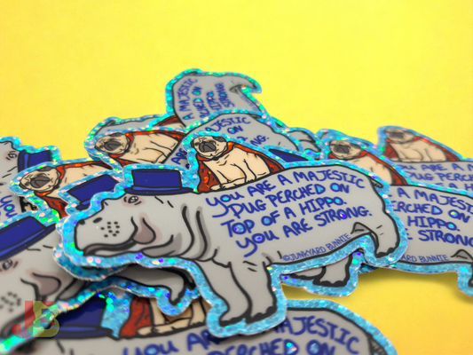 Majestic Pug Riding Hippo Glitter Vinyl Sticker