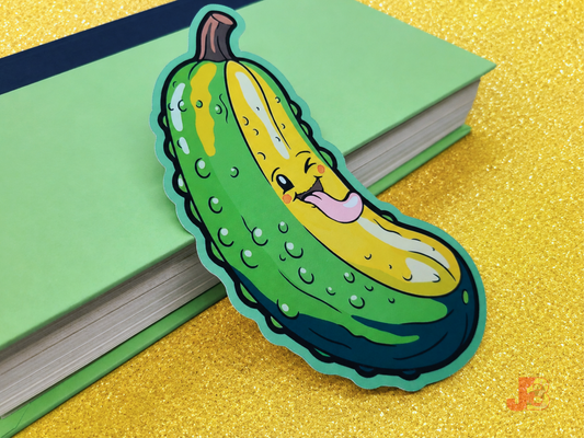 Front of the bookmark features a vibrant, whimsical, hand-drawn winking pickle illustration.