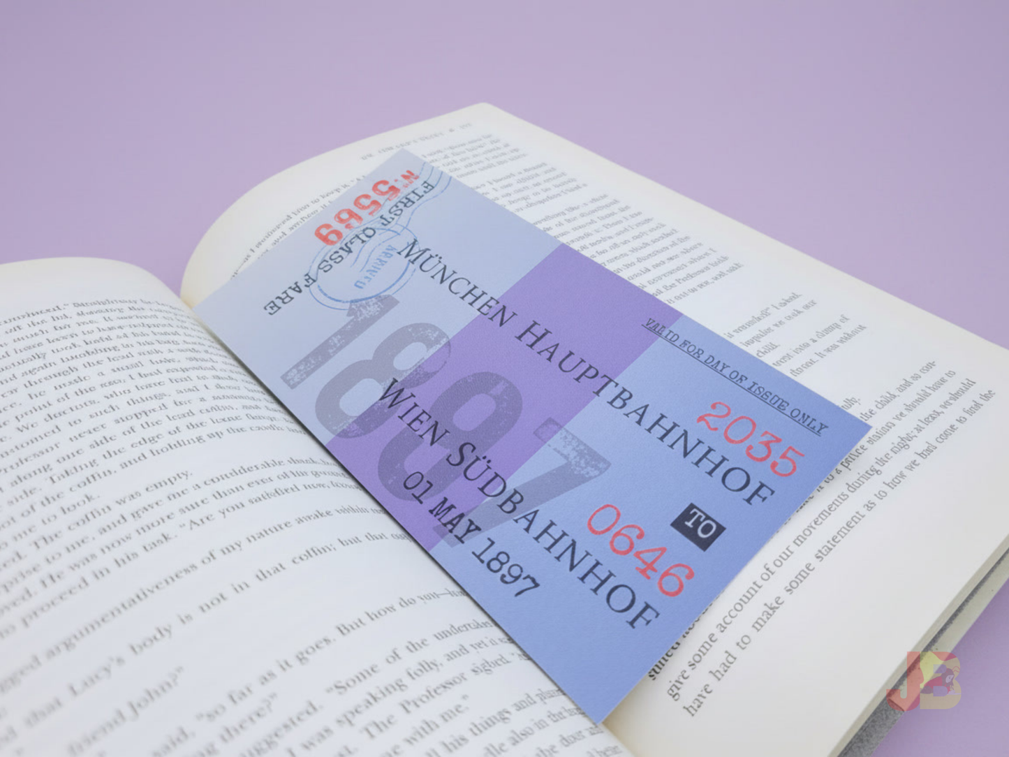 Jonathan Harker train ticket bookmark resting elegantly on top of an open copy of Bram Stoker's gothic horror novel, Dracula.