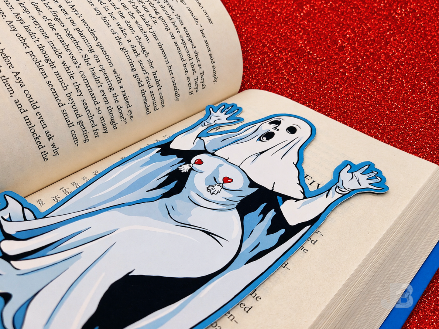 Close-up shot of the double-sided ghost bookmark, showcasing the premium cotton coverstock paper and the clean, precision trimmed die-cut edges.