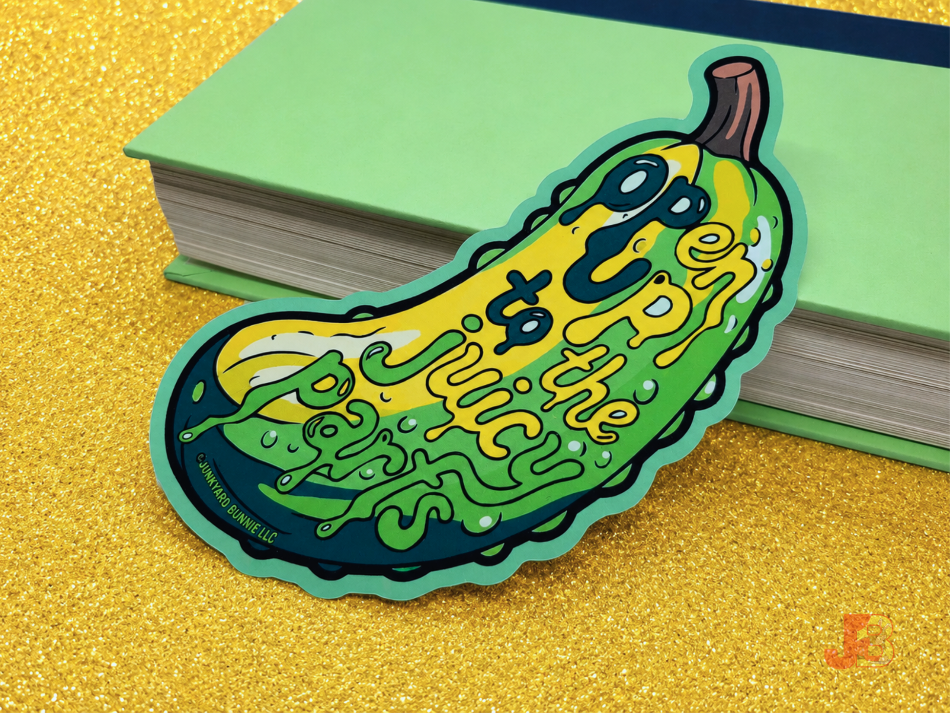 Reverse side of the 7-inch pickle bookmark features crisp typography that reads, "open up to the juicy parts."