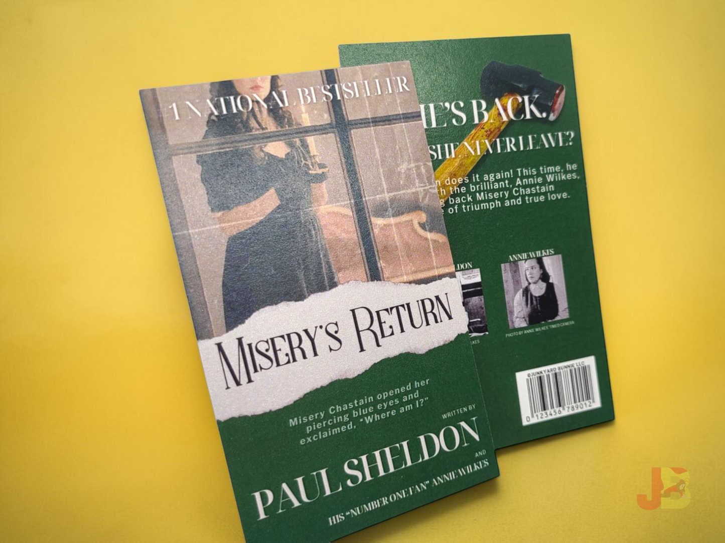 Front and back of a novel bookmark titled 'Misery's Return' by Paul Sheldon on a yellow background
