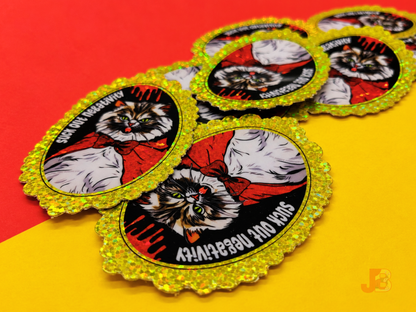 A close-up shot showing the premium glitter sparkle on several vampire Pallas cat stickers.