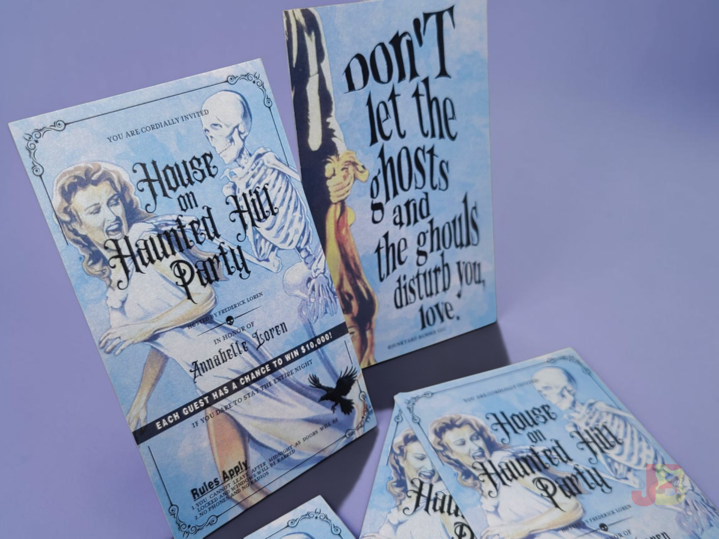 High-quality, double-sided 3x5 inch House on Haunted Hill Invitation Bookmarks. Printed on premium, heavy-weight shimmer cardstock.