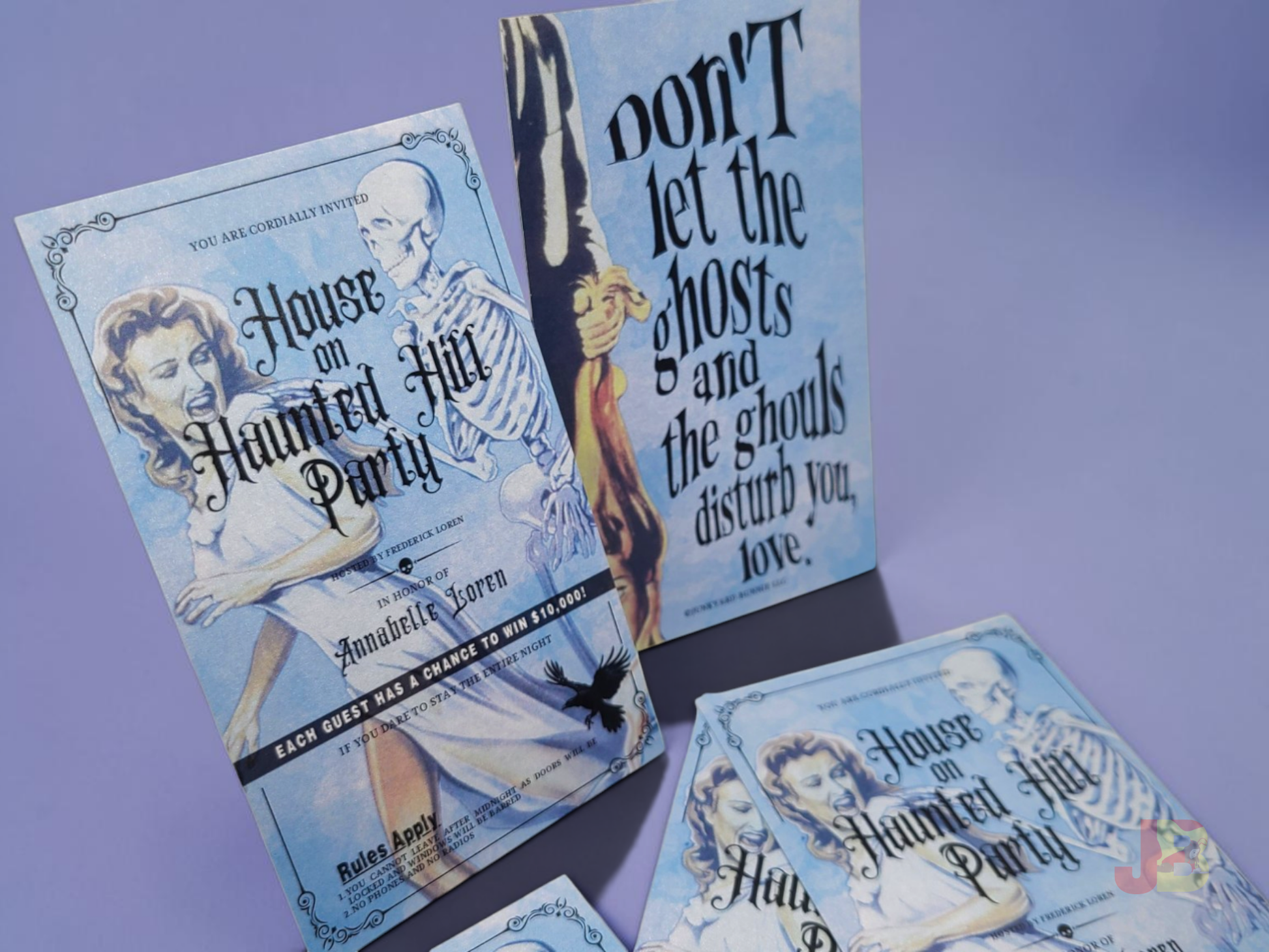 High-quality, double-sided 3x5 inch House on Haunted Hill Invitation Bookmarks. Printed on premium, heavy-weight shimmer cardstock.