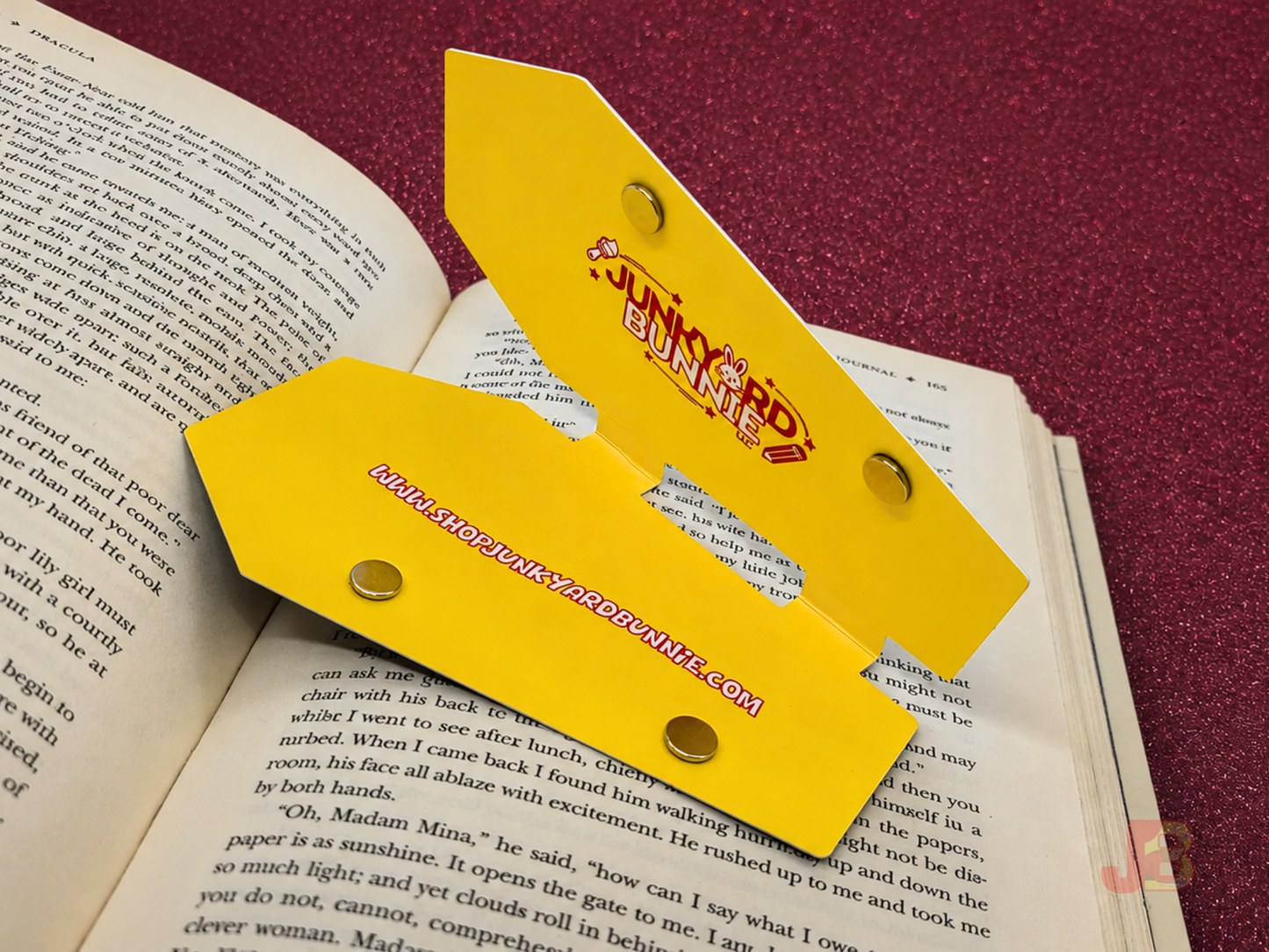 Inside the Dracula magnetic bookmark featuring the Junkyard Bunnie logo and website.