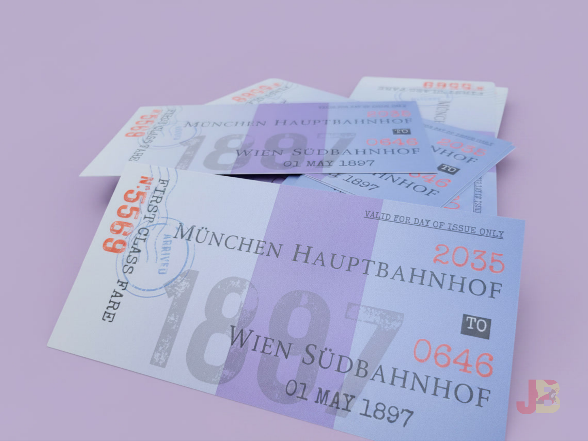 A close-up of several Jonathan Harker train ticket bookmarks, showcasing the premium quality and thickness of the 700GSM cardstock.
