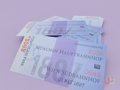 A close-up of several Jonathan Harker train ticket bookmarks, showcasing the premium quality and thickness of the 700GSM cardstock.