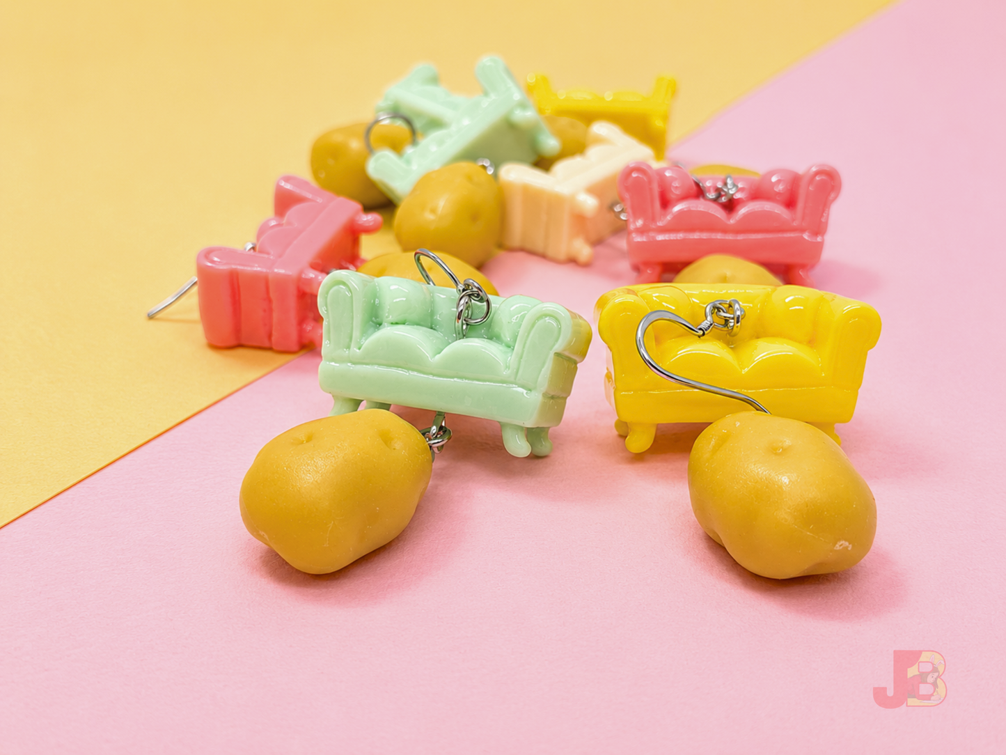 Close-up shot of the Couch Potato earrings.