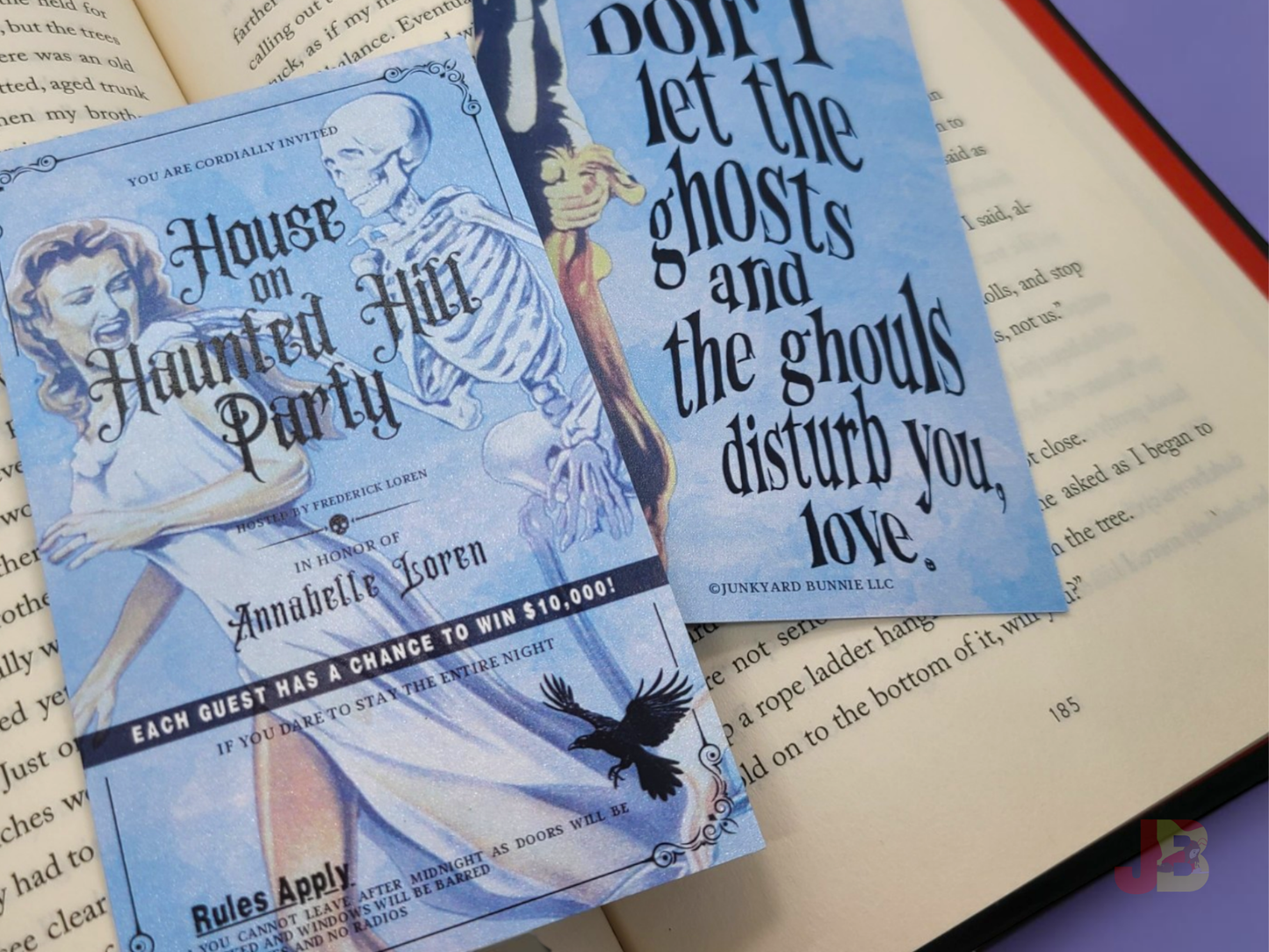 High-quality, double-sided 3x5 inch House on Haunted Hill Invitation Bookmarks. Printed on premium, heavy-weight shimmer cardstock.
