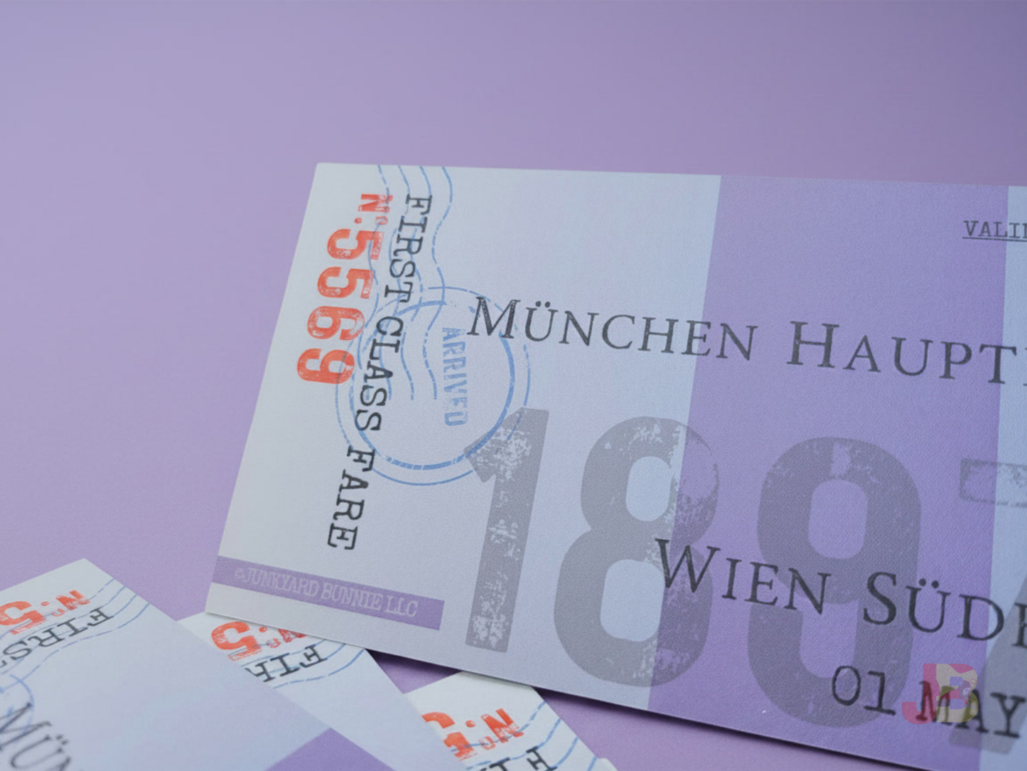 A close-up shot of a thick, double-sided Jonathan Harker train ticket bookmark from Dracula, showing realistic 19th-century vintage typography printed on ultra-heavy cardstock.