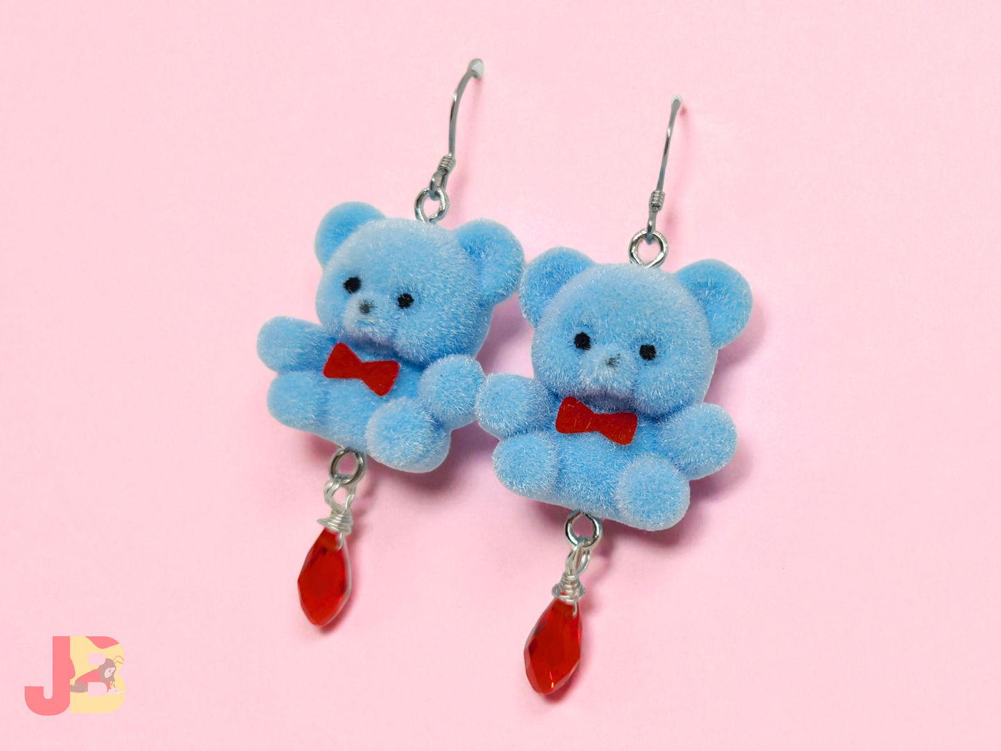 Blue Flocked Bear Earrings