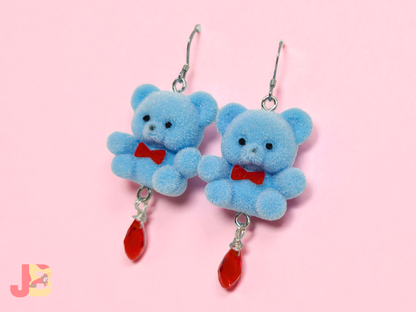 Blue Flocked Bear Earrings