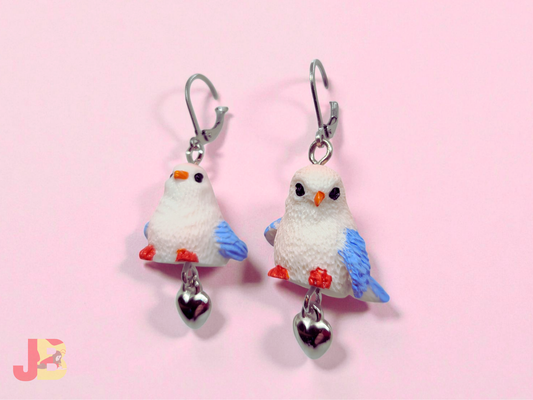 Pink & Blue Finch Heart Charm Earrings