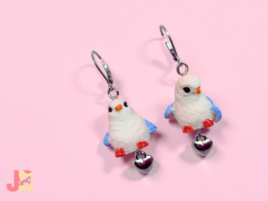 Pink & Blue Finch Heart Charm Earrings