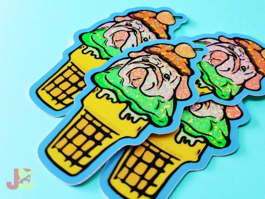 Kawaii English Bulldog Ice Cream Glitter Vinyl Stickers