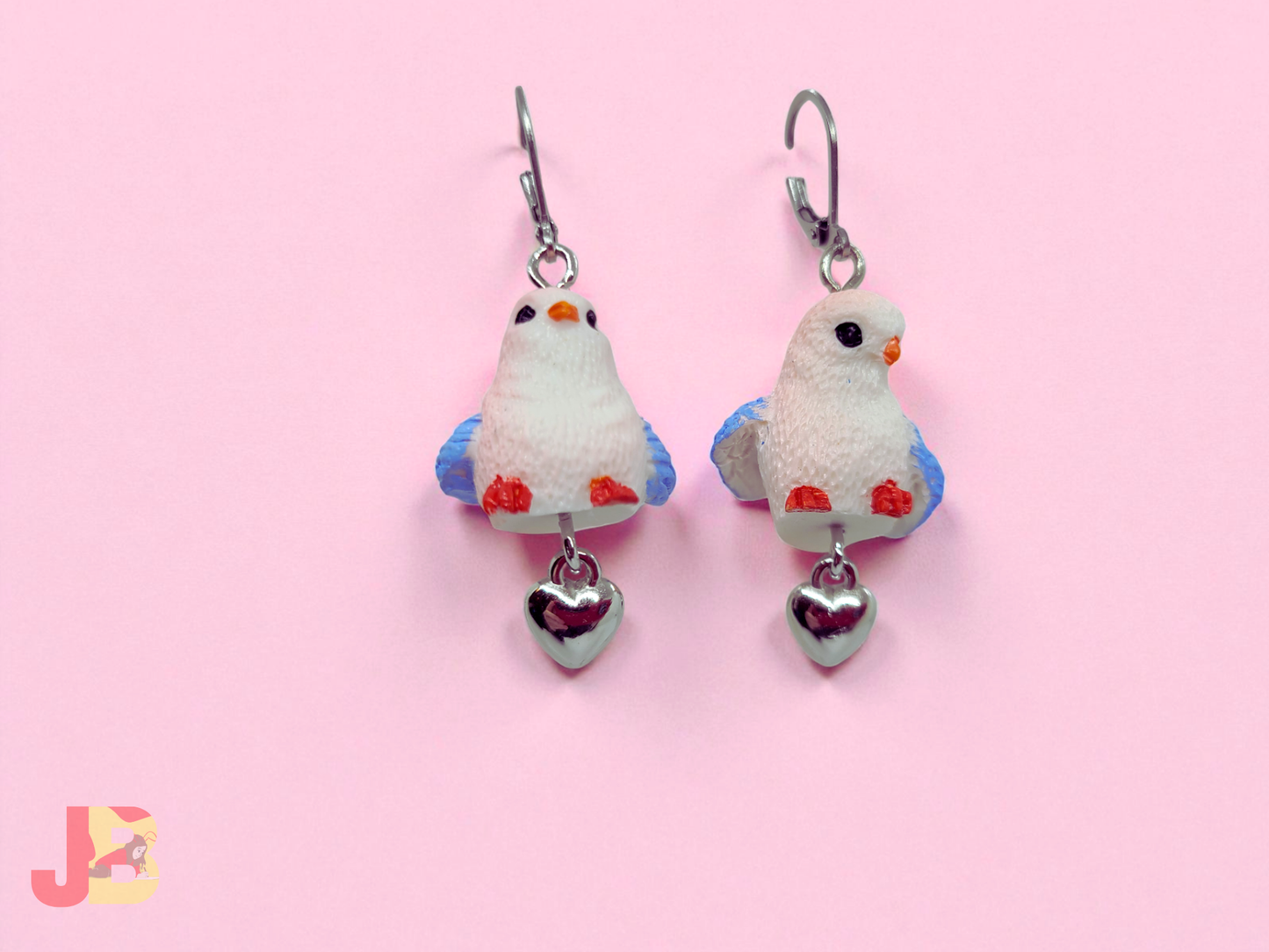Pink & Blue Finch Heart Charm Earrings