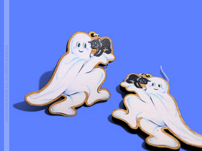Vintage Halloween Ghost & Black Cat Wooden Earrings